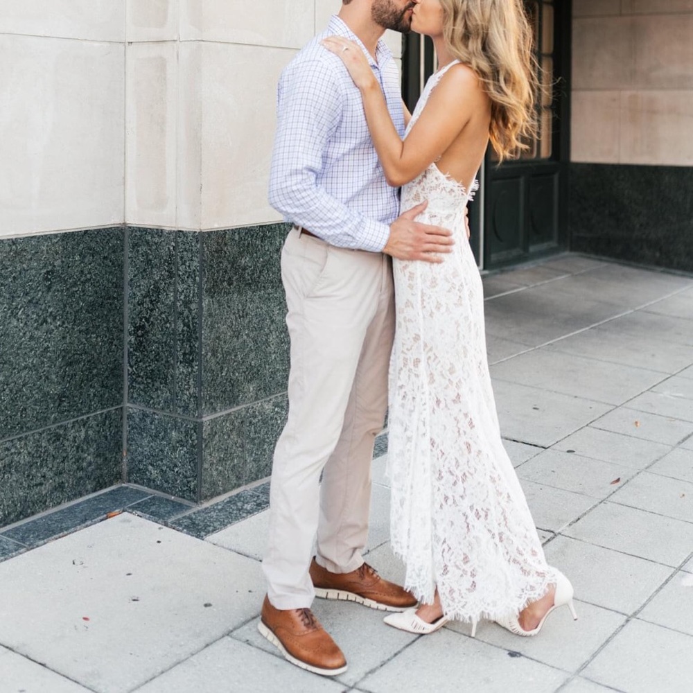 Lace white open back and high-low dress